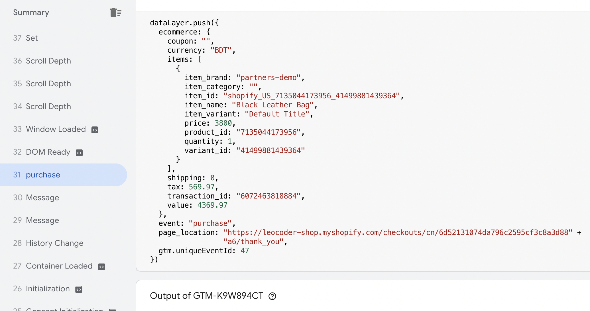 Shopify datalayer preivew